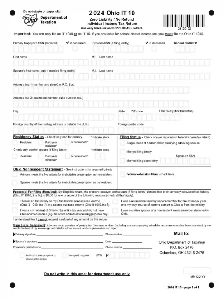 Ohio IT 10 Individual Income Tax Return 2024 Preview on Page 1
