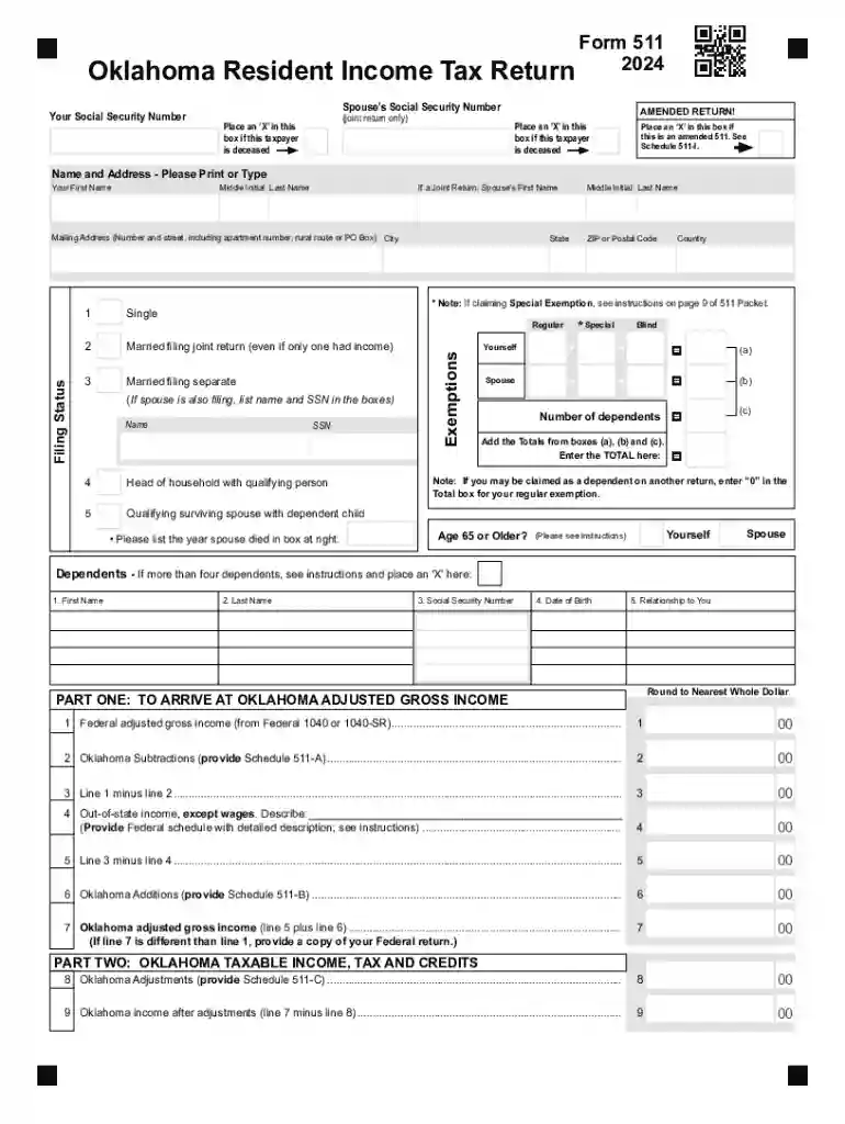 Oklahoma Resident Income Tax Return Form 511 Preview on Page 1
