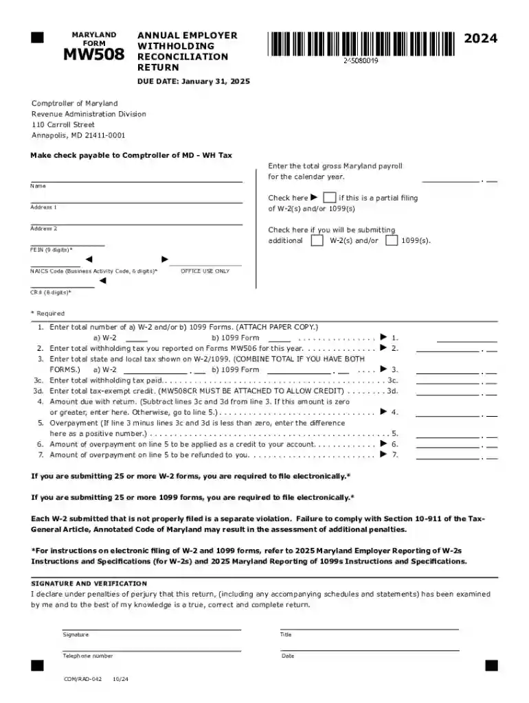 2024 Maryland Form 508 Annual Employer Withholding Reconciliation Return Preview on Page 1