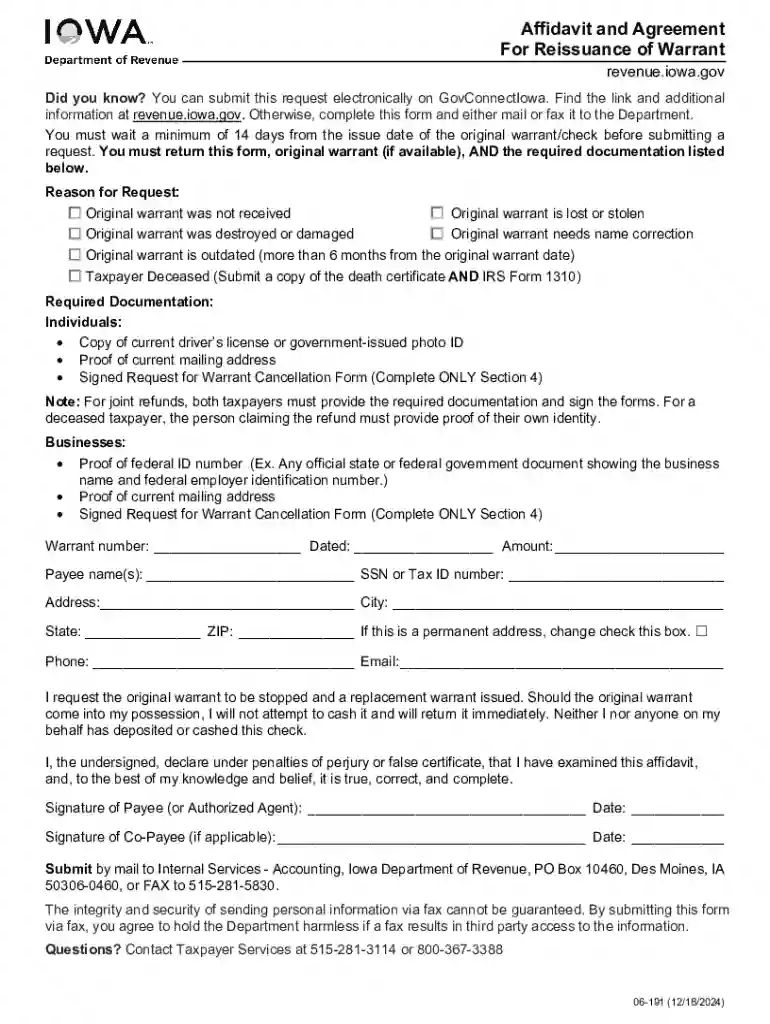 Affidavit and Agreement For Reissuance of Outdated Warrant, 06-191 Preview on Page 1
