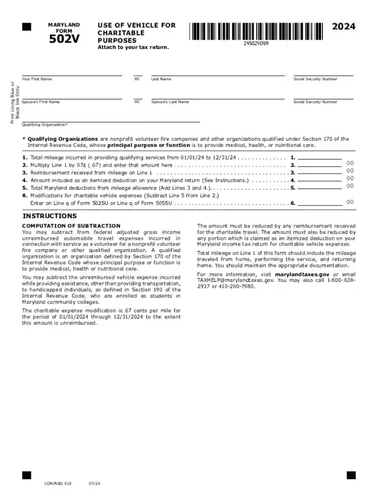 2024 Maryland Form 502V Use of Vehicle for Charitable Purposes Preview on Page 1