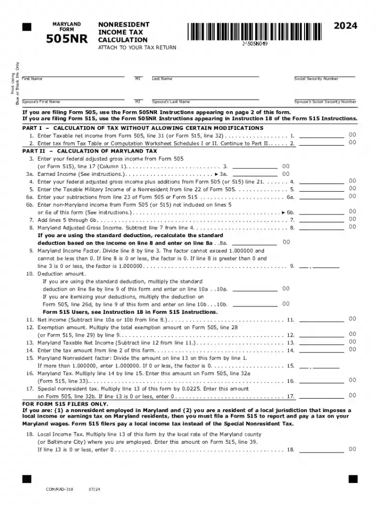 2024 Maryland Form 505NR Nonresident Income Tax Calculation Preview on Page 1