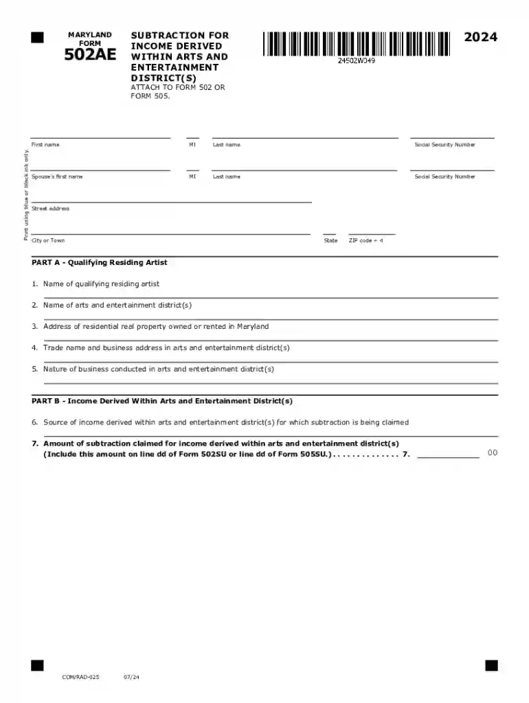 2024 Maryland Form 502AE Subtraction For Income Derived Within Arts and Entertainment District(s) Preview on Page 1