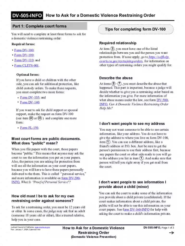 DV-505-INFO How to Ask for a Domestic Violence Restraining Order(Domestic Violence Prevention) Judic Preview on Page 1