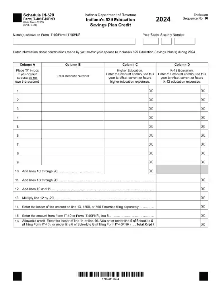 Schedule IN-529 Preview on Page 1