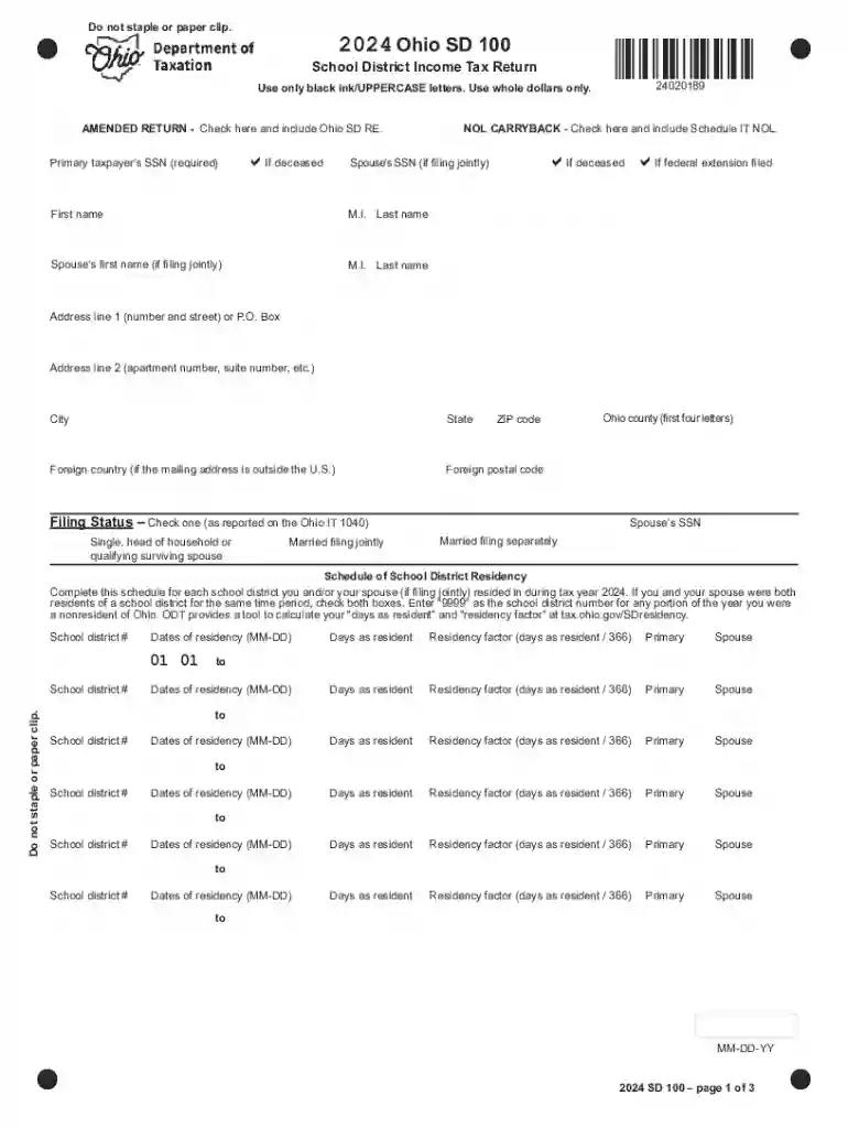 2024 ohio sd 100 form Preview on Page 1