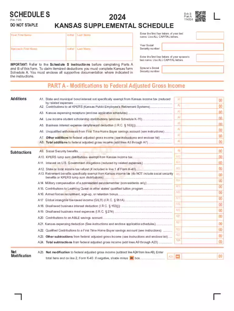 Schedule S - 2024 - Kansas Supplemental Schedule - Revised 7-24 Preview on Page 1