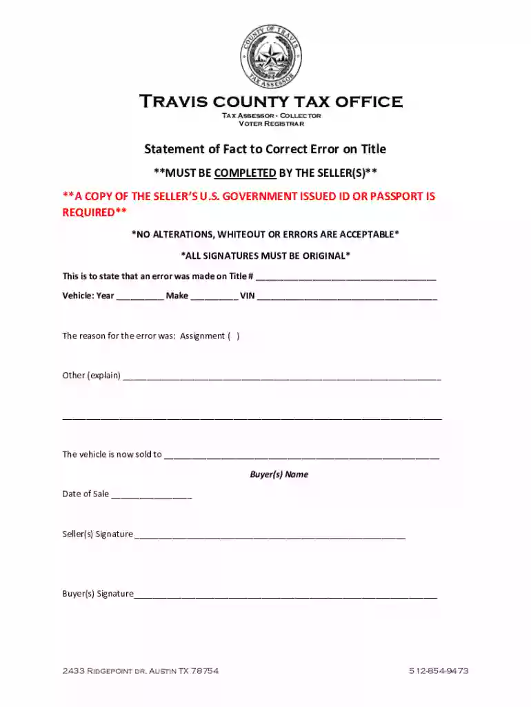 Texas Statement of Fact to Correct Error on Title Preview on Page 1