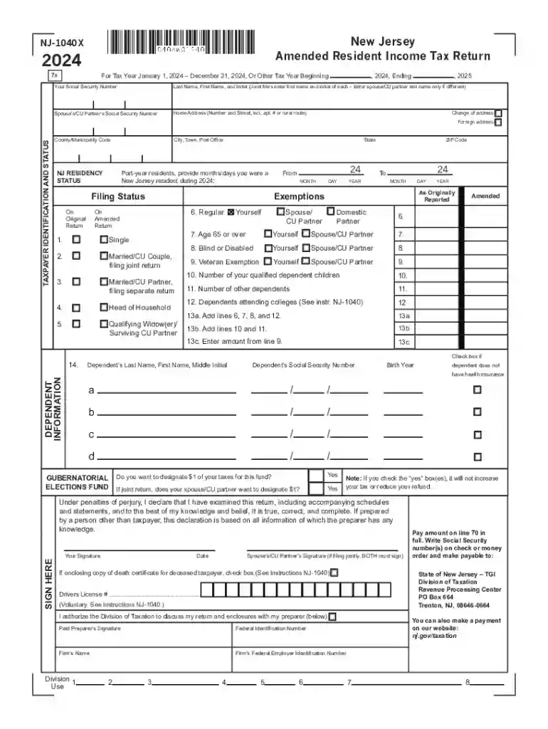 2024 New Jersey Amended Resident Income Tax Return, form NJ-1040X Preview on Page 1
