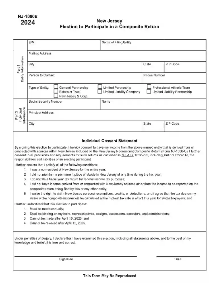 2024 NJ-1080E Election to Participate in a Composite Return Preview on Page 1