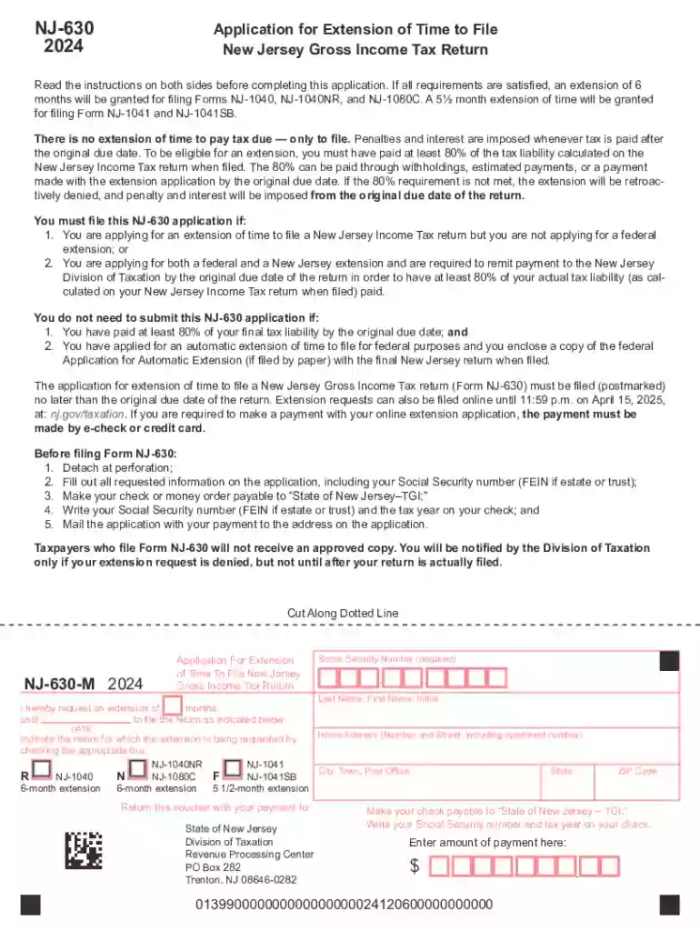 2024 Application for Extension of Time to File, form NJ-630 Preview on Page 1