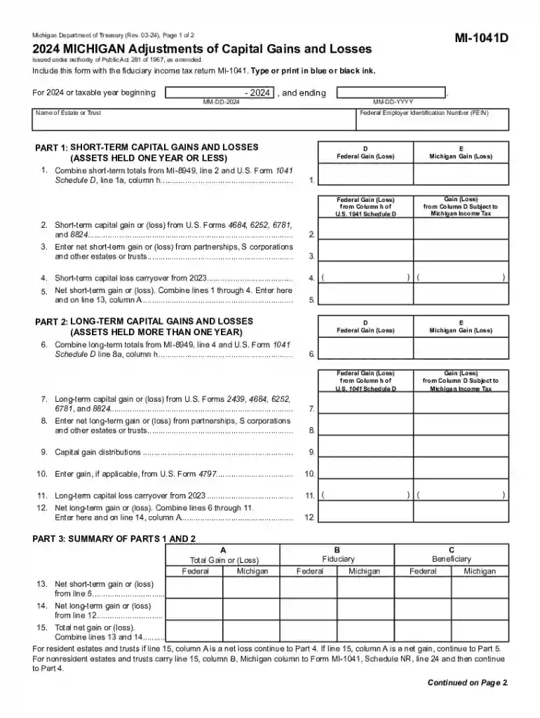 2024 MICHIGAN Adjustments of Capital Gains and Losses MI-1041D Preview on Page 1