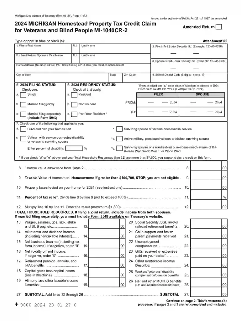 2024 Michigan Homestead Property Tax Credit Claim for Veterans and Blind People MI-1040CR-2 Preview on Page 1