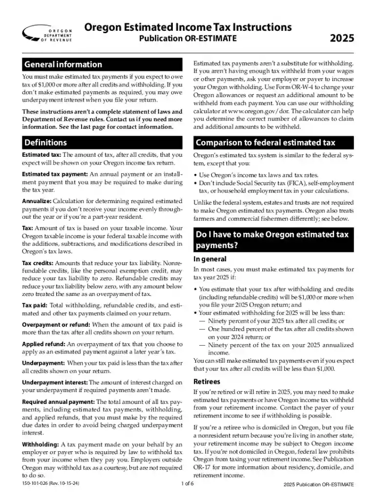 2025 Publication OR-ESTIMATE, Oregon Estimated Income Tax Instructions, 150-101-026 Preview on Page 1