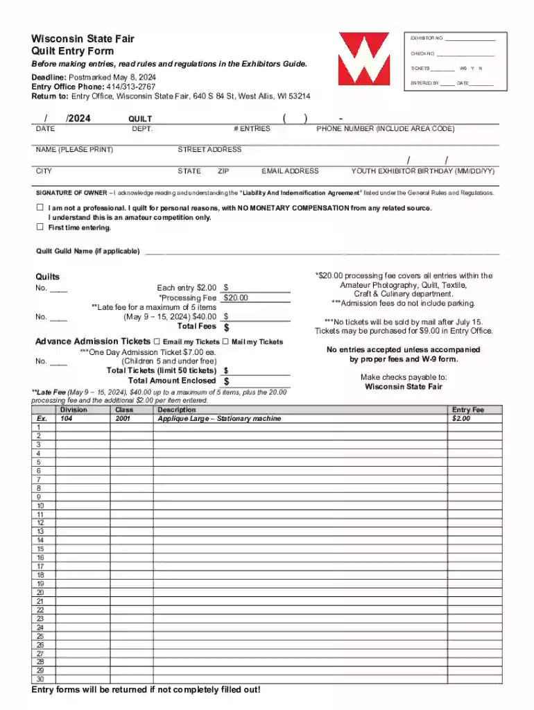 Wisconsin State Fair Quilt Entry Form Preview on Page 1
