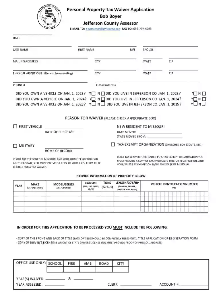 Personal Property Tax Waiver Application Preview on Page 1