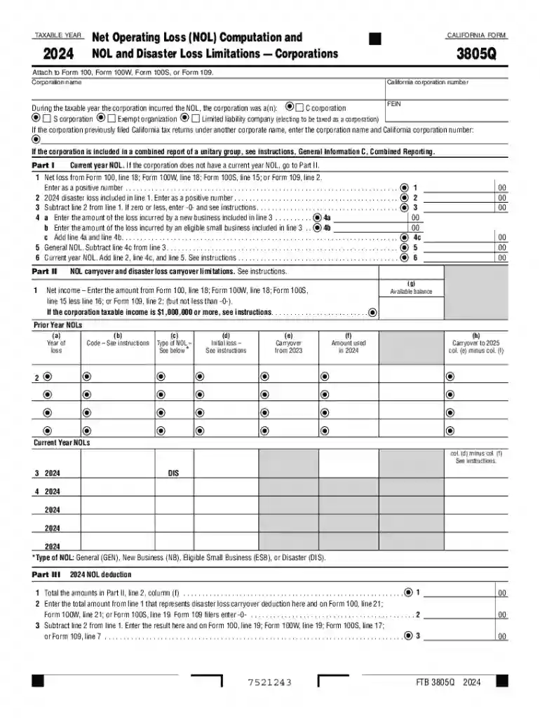 2024 Form 3805Q Net Operating Loss (NOL) Computation and NOL and Disaster Loss Limitations Corporati Preview on Page 1
