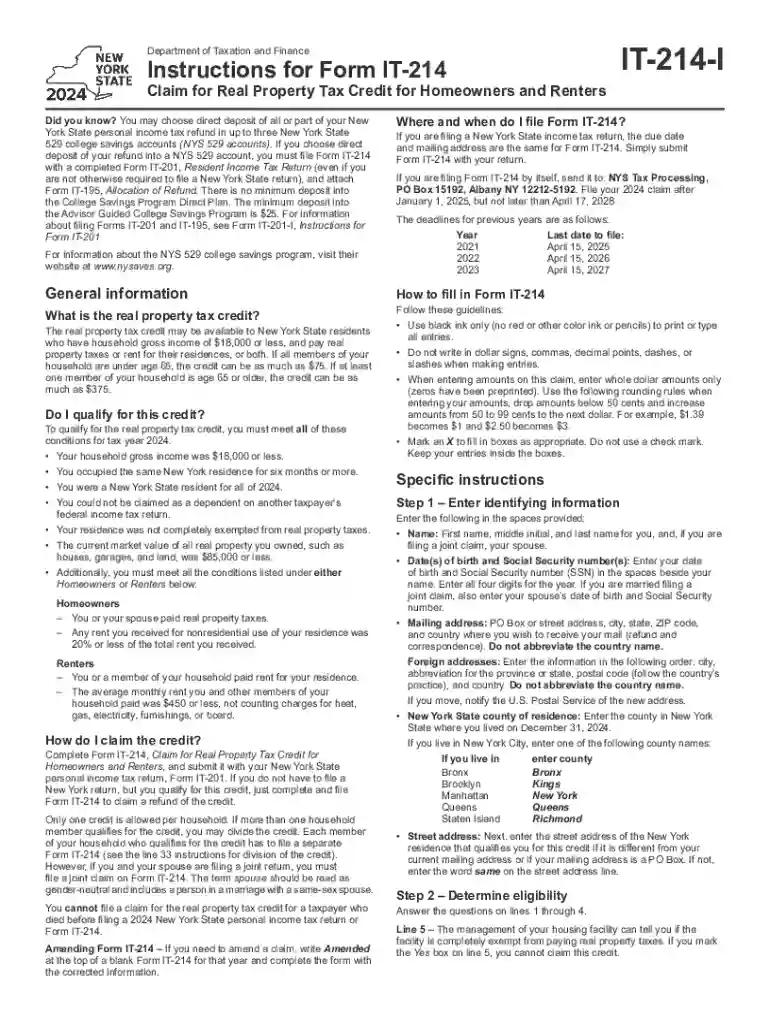 Instructions for Form IT-214 Claim for Real Property Tax Credit for Homeowners and Renters Tax Year Preview on Page 1