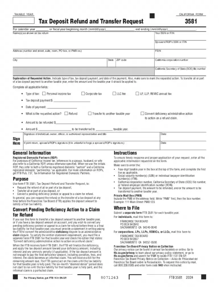 2024 Form 3581 Tax Deposit Refund and Transfer Request Preview on Page 1