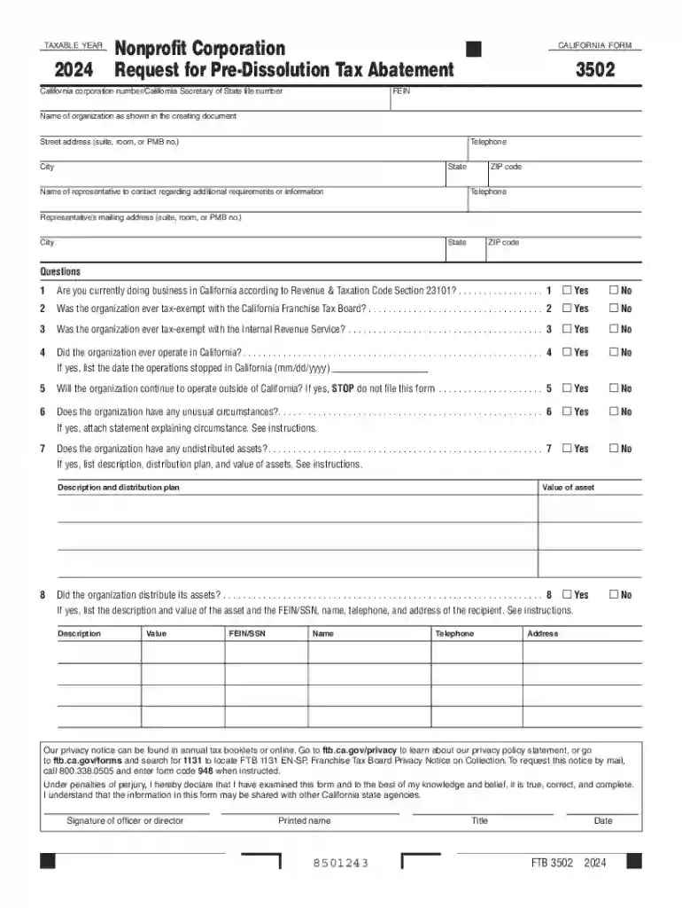 2024 Form 3502 Nonprofit Corporation Request for Pre-Dissolution Tax Abatement Preview on Page 1