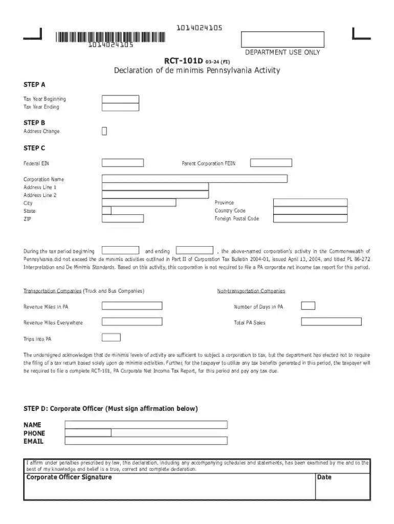 Declaration of de minimis Pennsylvania Activity (RCT-101D) Preview on Page 1