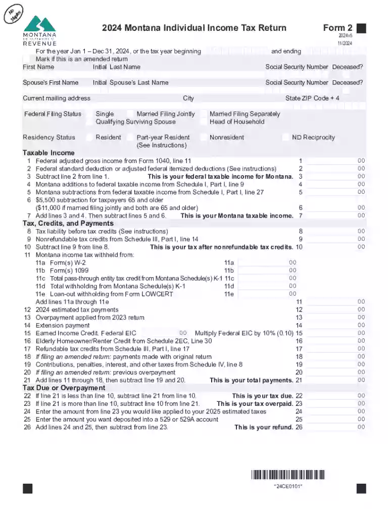 2024 Montana Individual Income Tax Return - Main Form Preview on Page 1