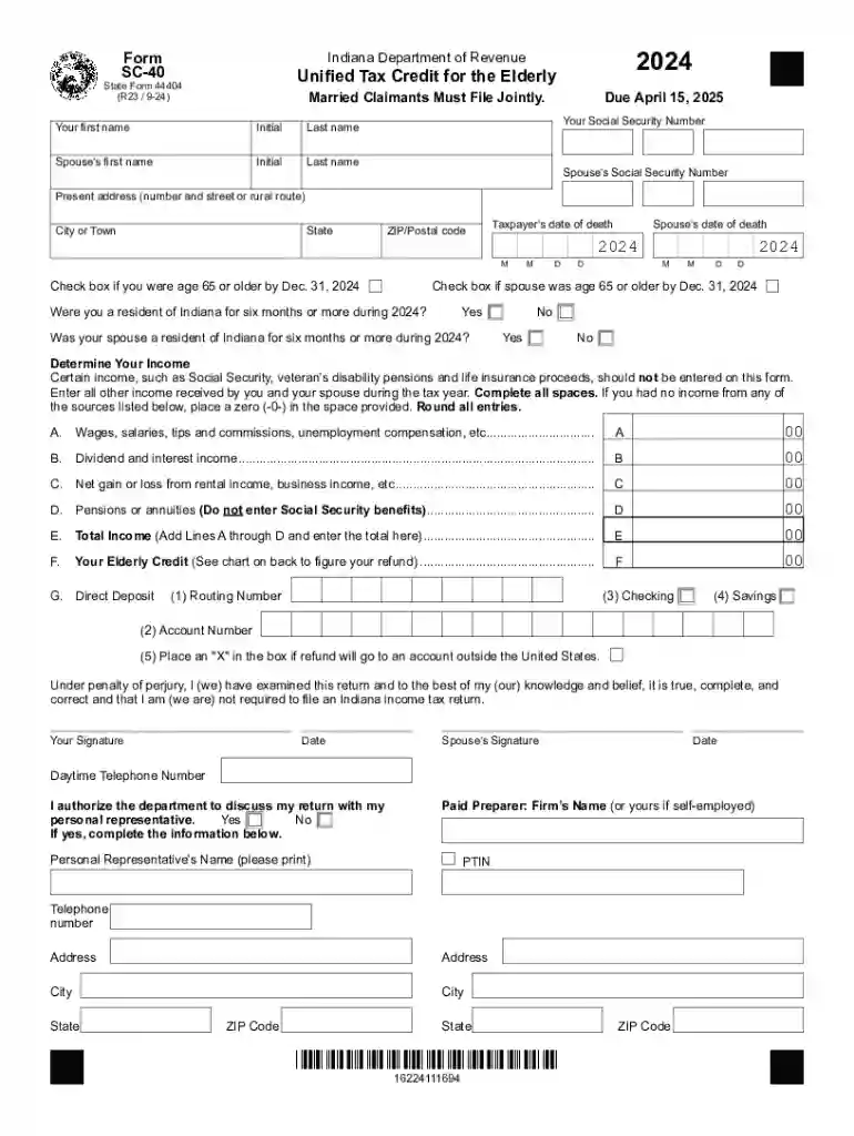 SC-40 2024 Edition of SC-40, Unified Tax Credit for the Elderly Preview on Page 1