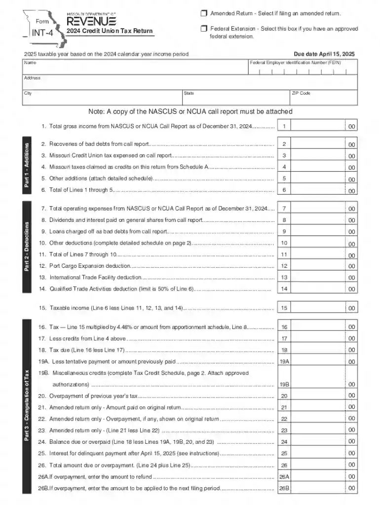Form INT-4 - 2023 Credit Union Tax Return Preview on Page 1
