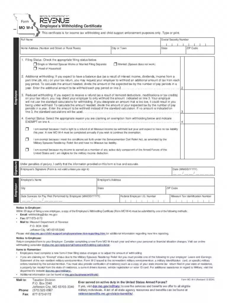 MO W-4 Employee's Withholding Certificate Preview on Page 1