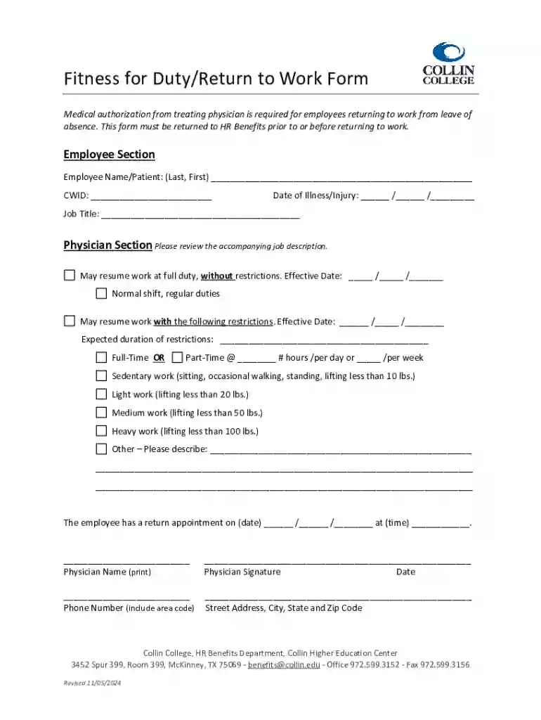 free return to work form Preview on Page 1