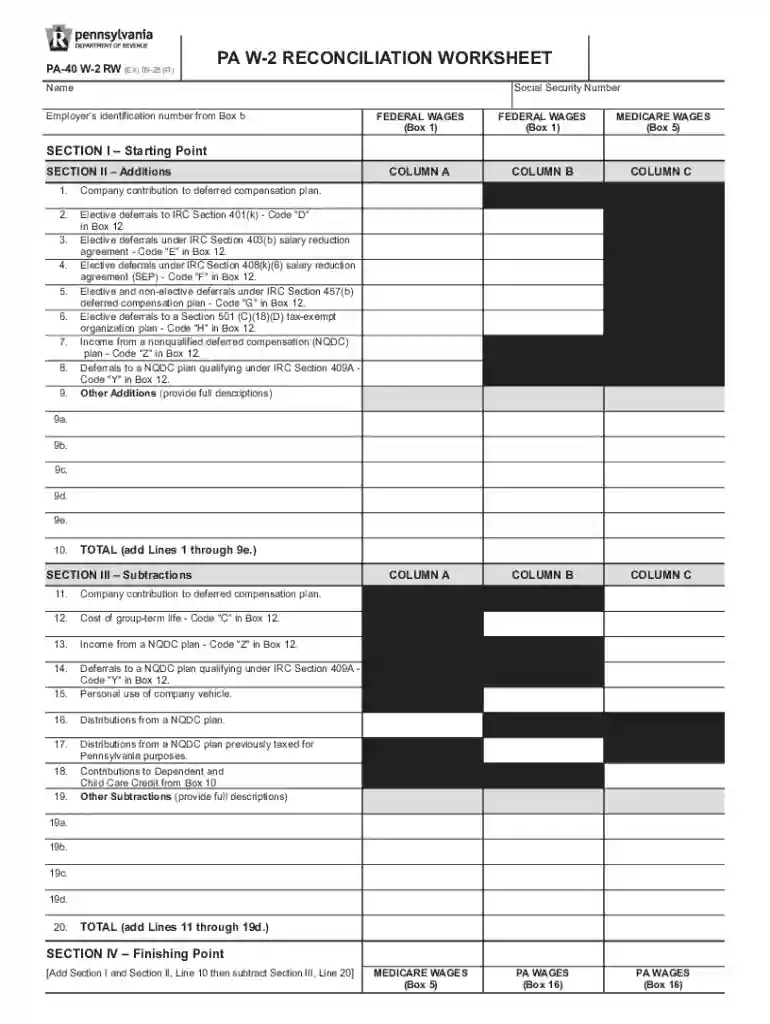 PA W-2 Reconciliation Worksheet Preview on Page 1