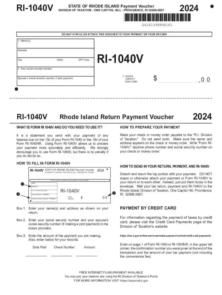 RI-1040V - Personal Income Tax Payment Voucher Preview on Page 1