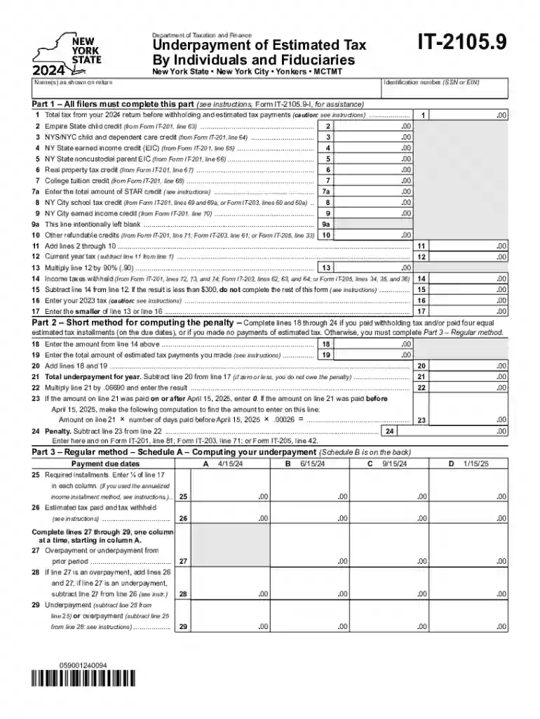 Form IT-2105 9 Underpayment of Estimated Income Tax By Individuals and Fiduciaries Tax Year 2024 Preview on Page 1