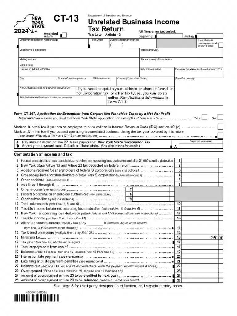 Form CT-13 Unrelated Business Income Tax Return Tax Year 2024 Preview on Page 1