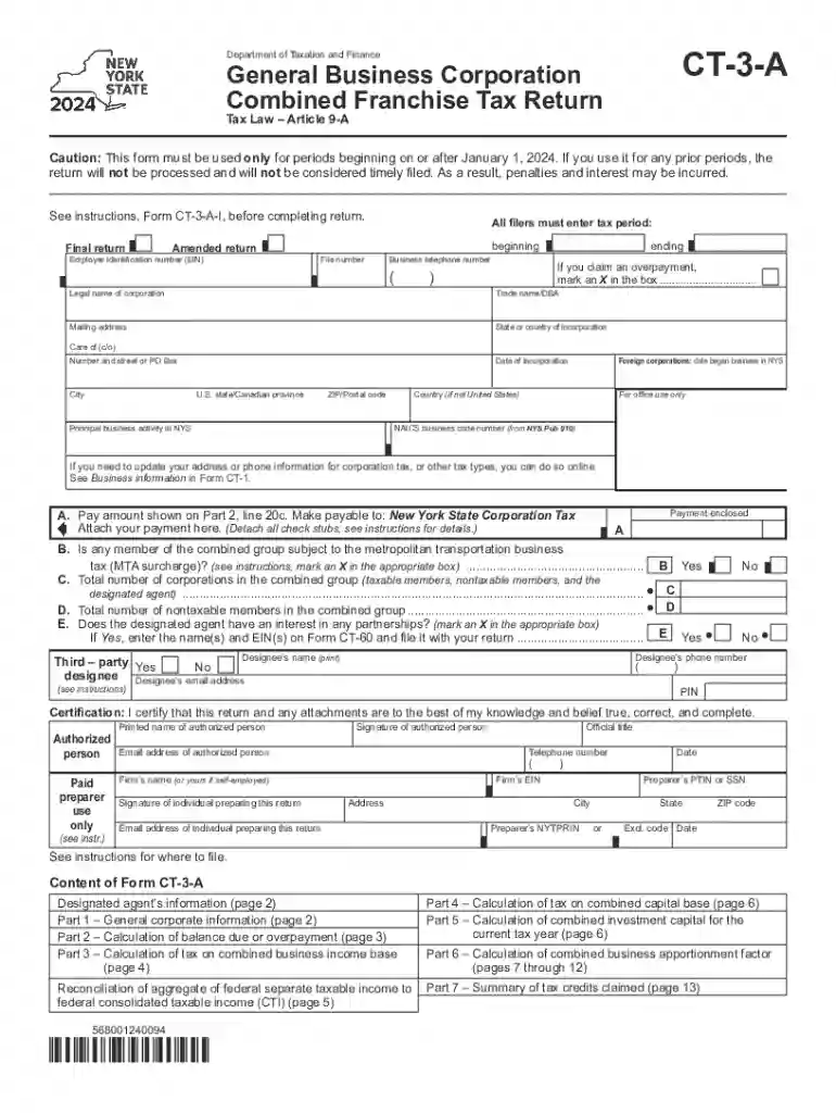 Form CT-3-A General Business Corporation Combined Franchise Tax Return Tax Year 2024 Preview on Page 1