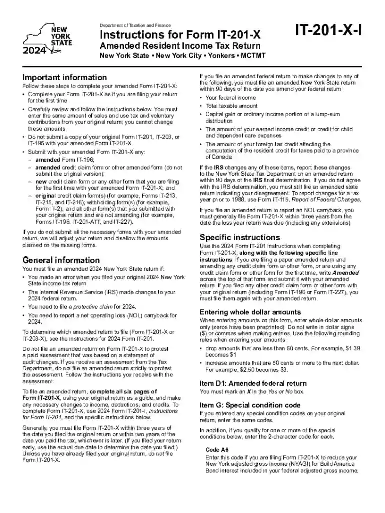Instructions for Form IT-201-X Amended Resident Income Tax Return Tax Year 2024 Preview on Page 1