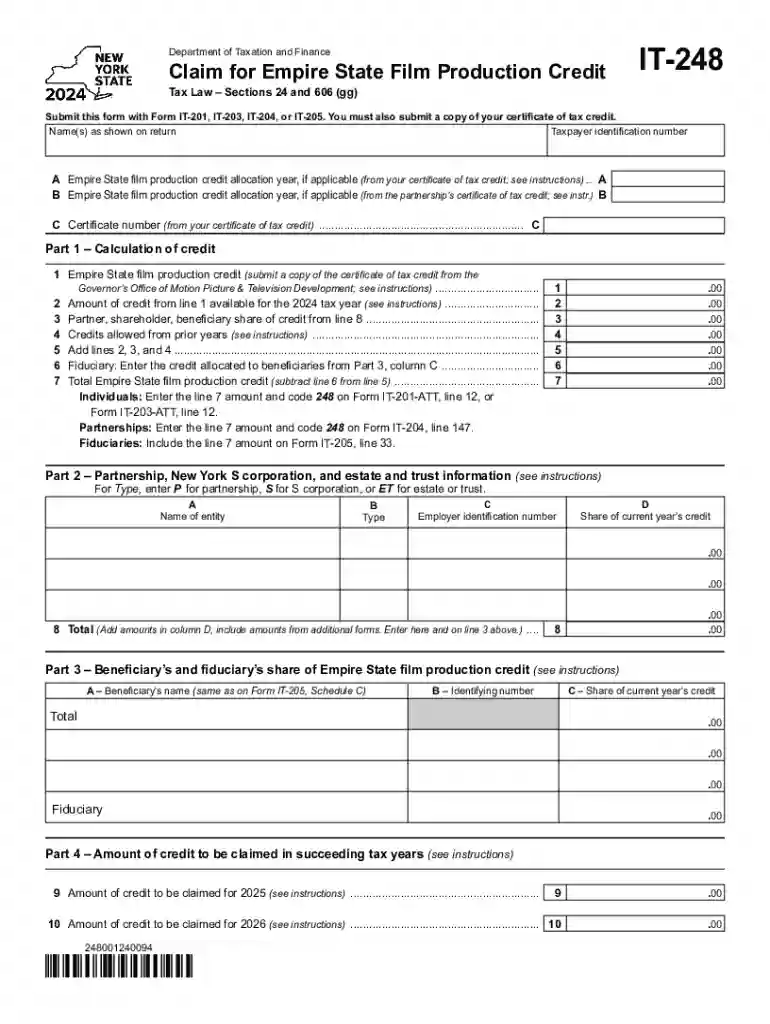Form IT-248 Claim for Empire State Film Production Credit Tax Year 2024 Preview on Page 1