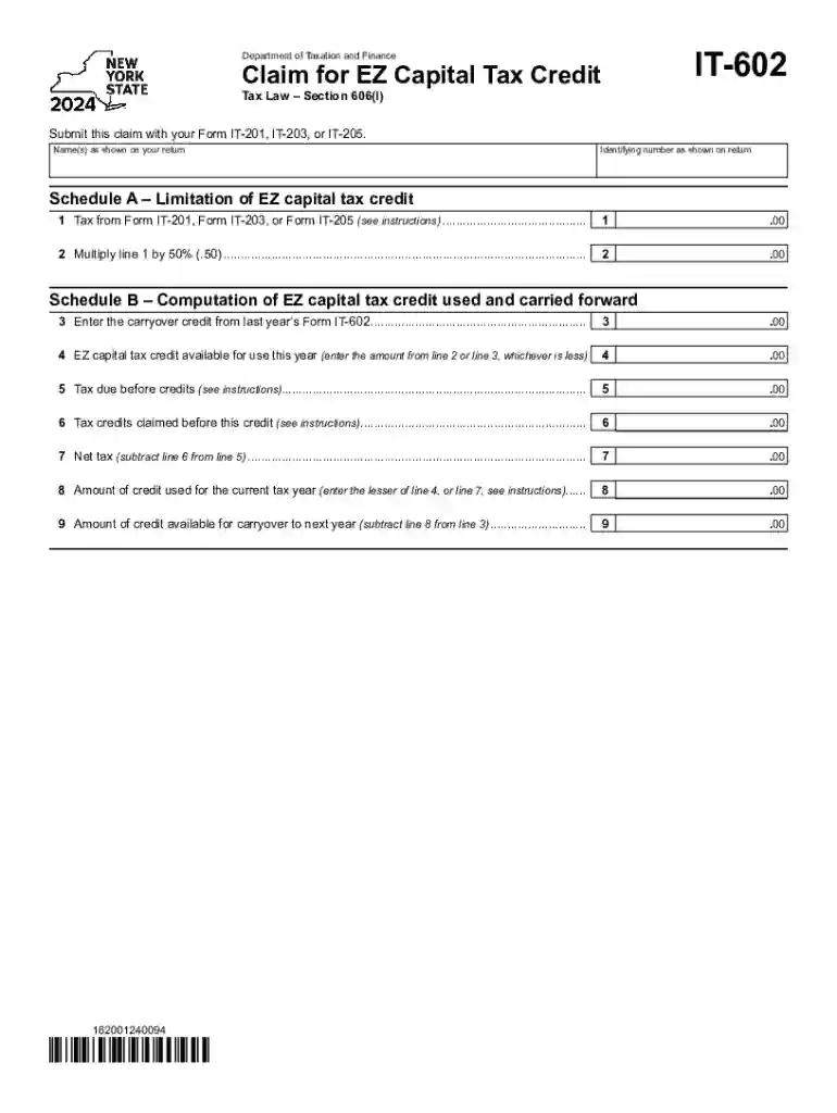 Form IT-602 Claim for EZ Capital Tax Credit Tax Year 2024 Preview on Page 1