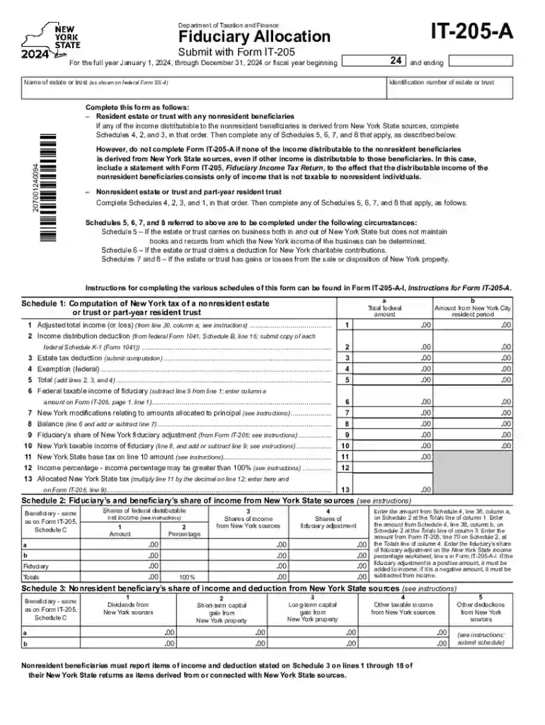 Form IT-205-A Fiduciary Allocation Tax Year 2024 Preview on Page 1