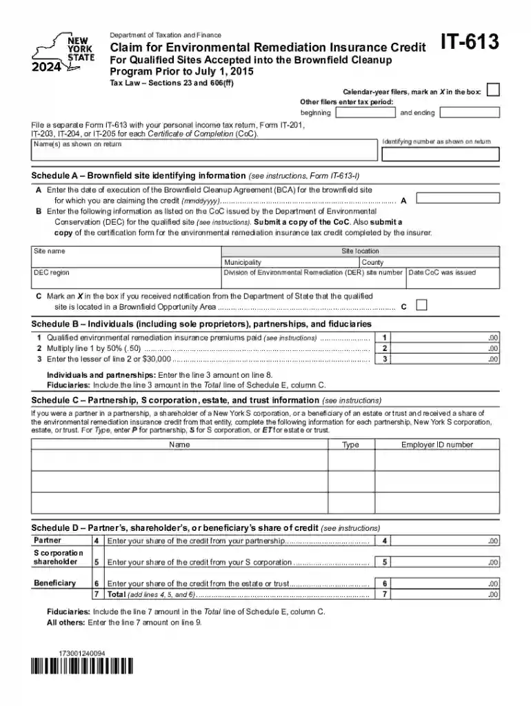 Form IT-613 Claim for Environmental Remediation Insurance Credit Tax Year 2024 Preview on Page 1