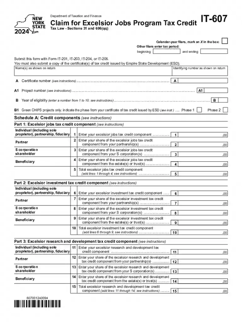 Form IT-607 Claim for Excelsior Jobs Program Tax Credit Tax Year 2024 Preview on Page 1