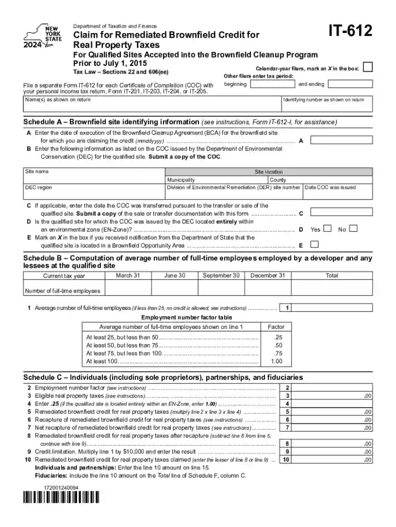 Form IT-612 Claim for Remediated Brownfield Credit for Real Property Taxes Tax Year 2024 Preview on Page 1