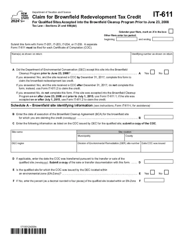 Form IT-611 Claim for Brownfield Redevelopment Tax Credit Tax Year 2024 Preview on Page 1