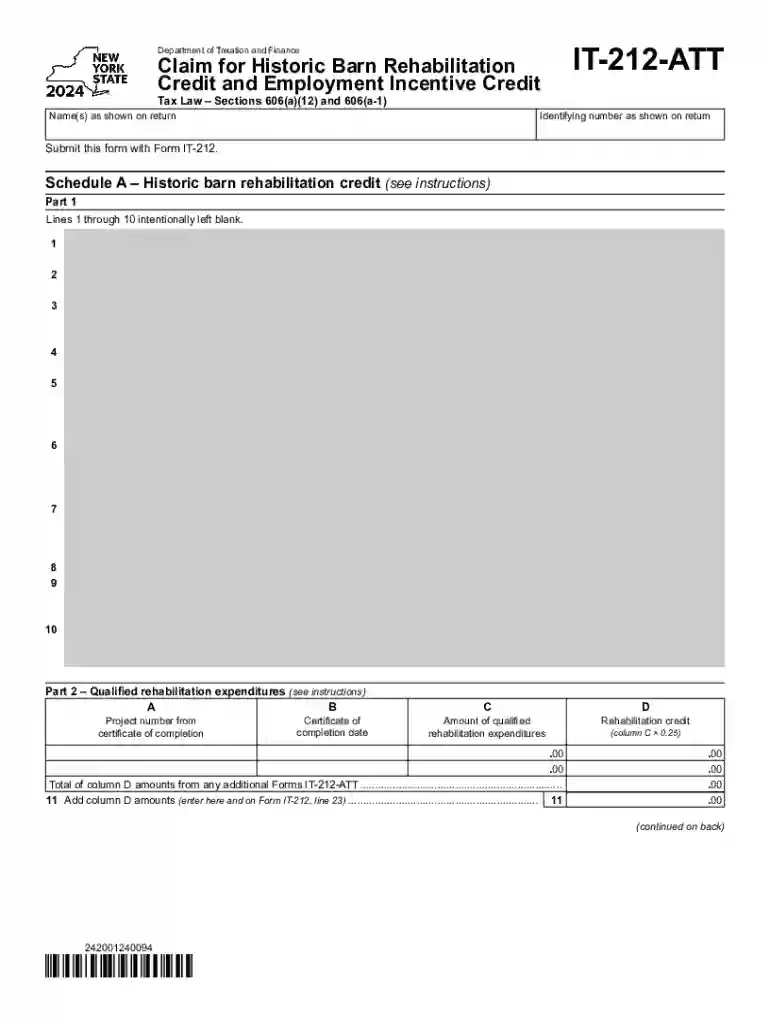 Form IT-212-ATT Claim for Historic Barn Rehabilitation Credit And Employment Incentive Credit Tax Ye Preview on Page 1