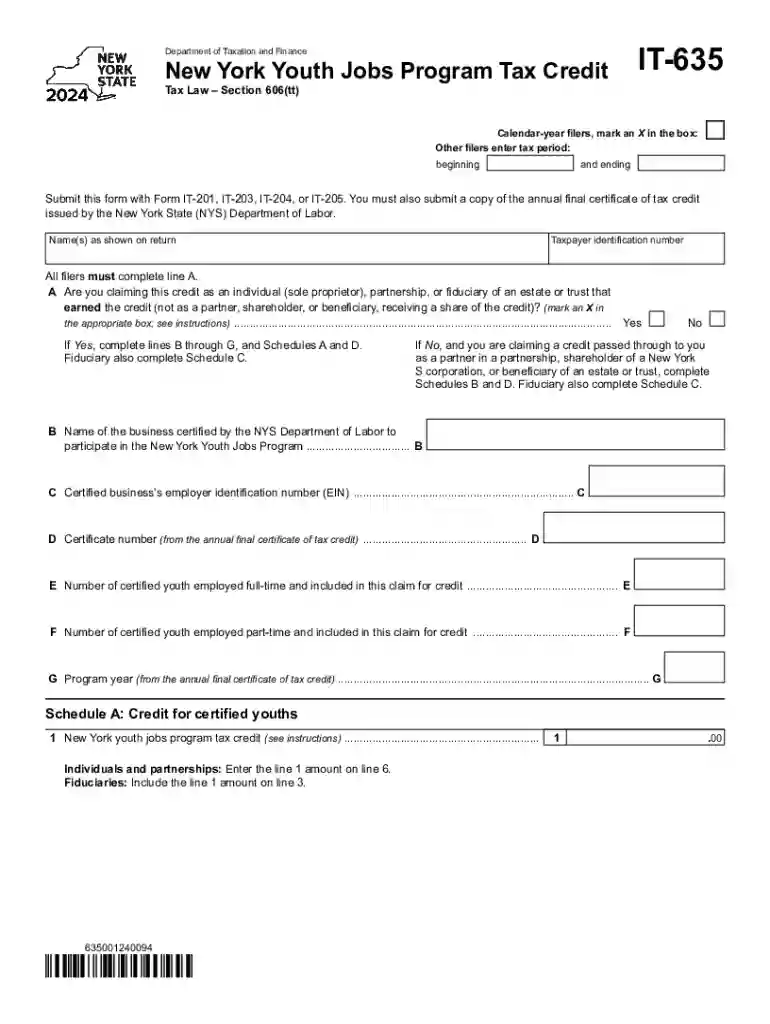 Form IT-635 New York Youth Jobs Program Tax Credit Tax Year 2024 Preview on Page 1