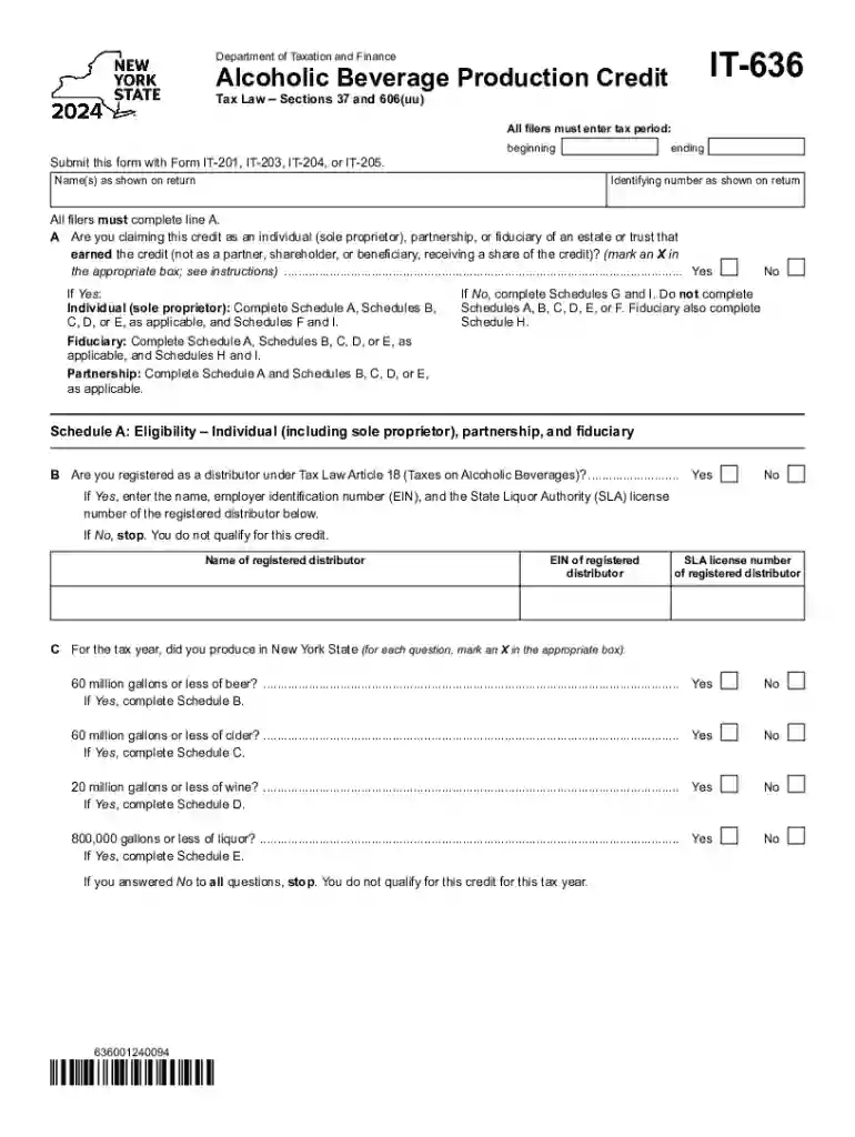 Form IT-636 Alcoholic Beverage Production Credit Tax Year 2024 Preview on Page 1