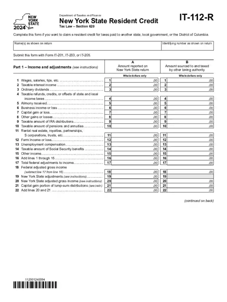 Form IT-112-R New York State Resident Credit Tax Year 2024 Preview on Page 1
