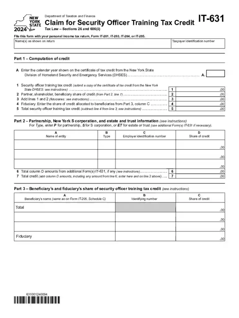 Form IT-631 Claim for Security Officer Training Tax Credit Tax Year 2024 Preview on Page 1