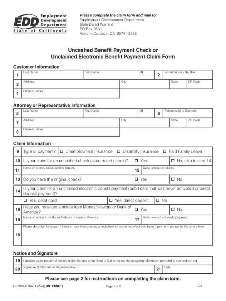 Uncashed Benefit Payment Check or Unclaimed Electronic Benefit Payment Claim Form (DE 903SD) Rev 1 ( Preview on Page 1
