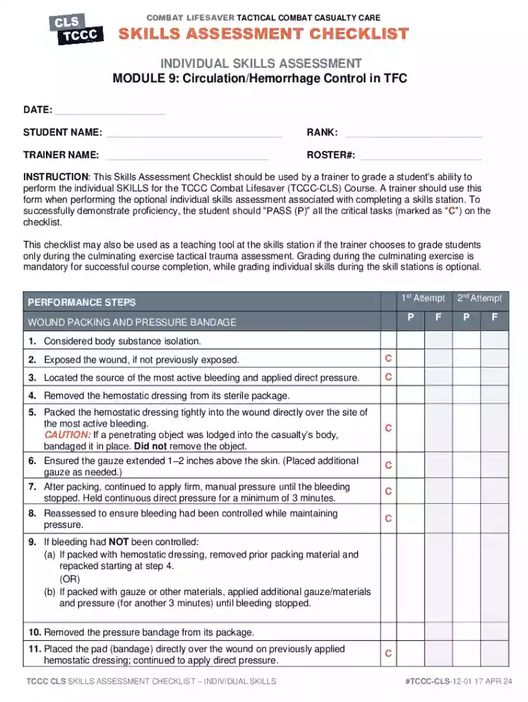 Combat Lifesaver Tactical Combat Casualty Care Skills Assessment Checklist Preview on Page 1